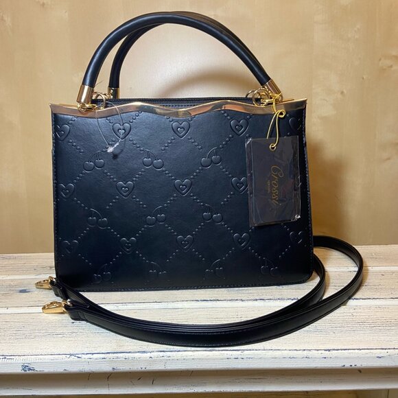 Grossi New York Embossed Cherry & Heart Tote – Black w/ Gold Trim - Picture 2 of 6